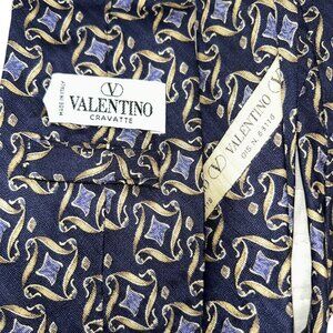 Valentino Italy navy periwinkle blue gold ribbons print FALL 100% SILK tie